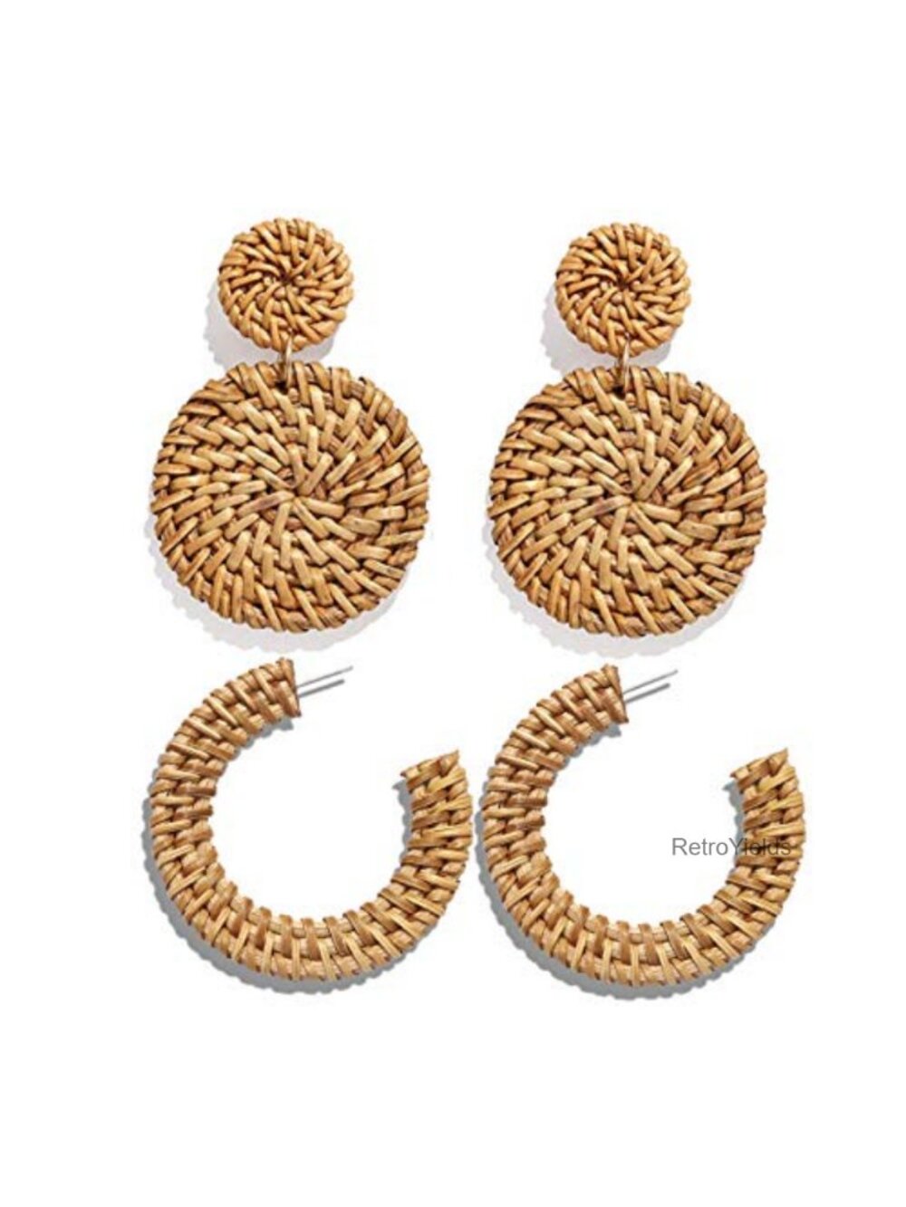 Rattan Statement Hoop Earrings Woven Dangle Drop Set